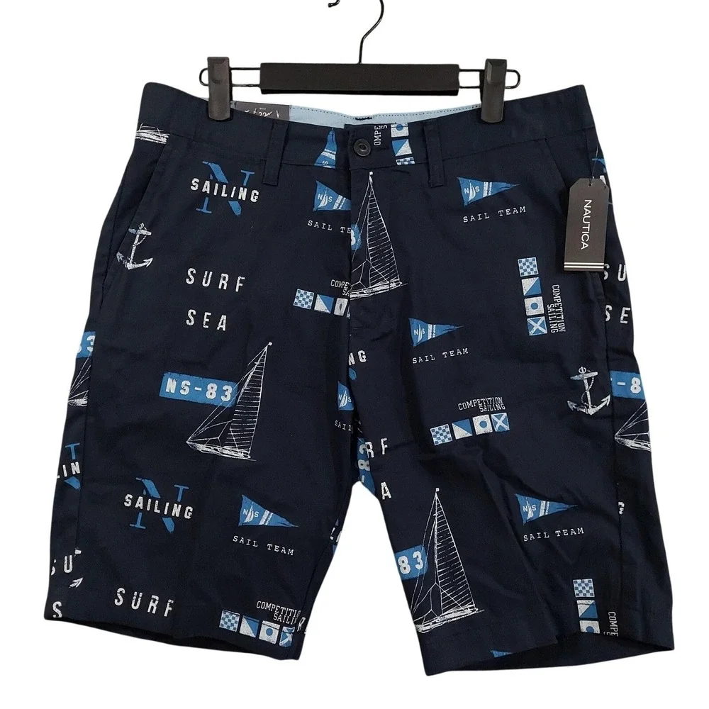 Nautica Shorts Mens 32 Navy Cotton Chino Slim Fit Nautical Print 9 Inseam Summer